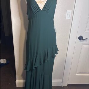 Wayf Nordstrom Asymmetrical Emerald Green Maxi Dress, babydoll, whimsy, romantic